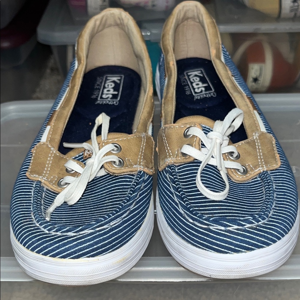 Keds Kids Blue Striped Canvas Boat Shoes with Tan Trim